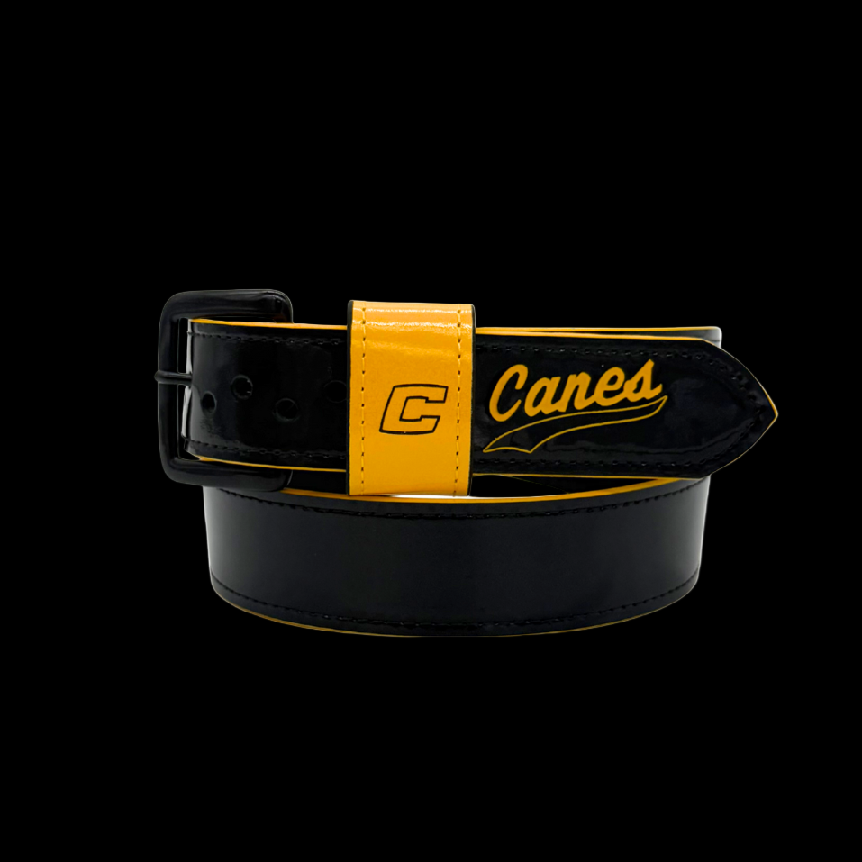 Black belt with yellow buckle and 'Canes' text on a black background