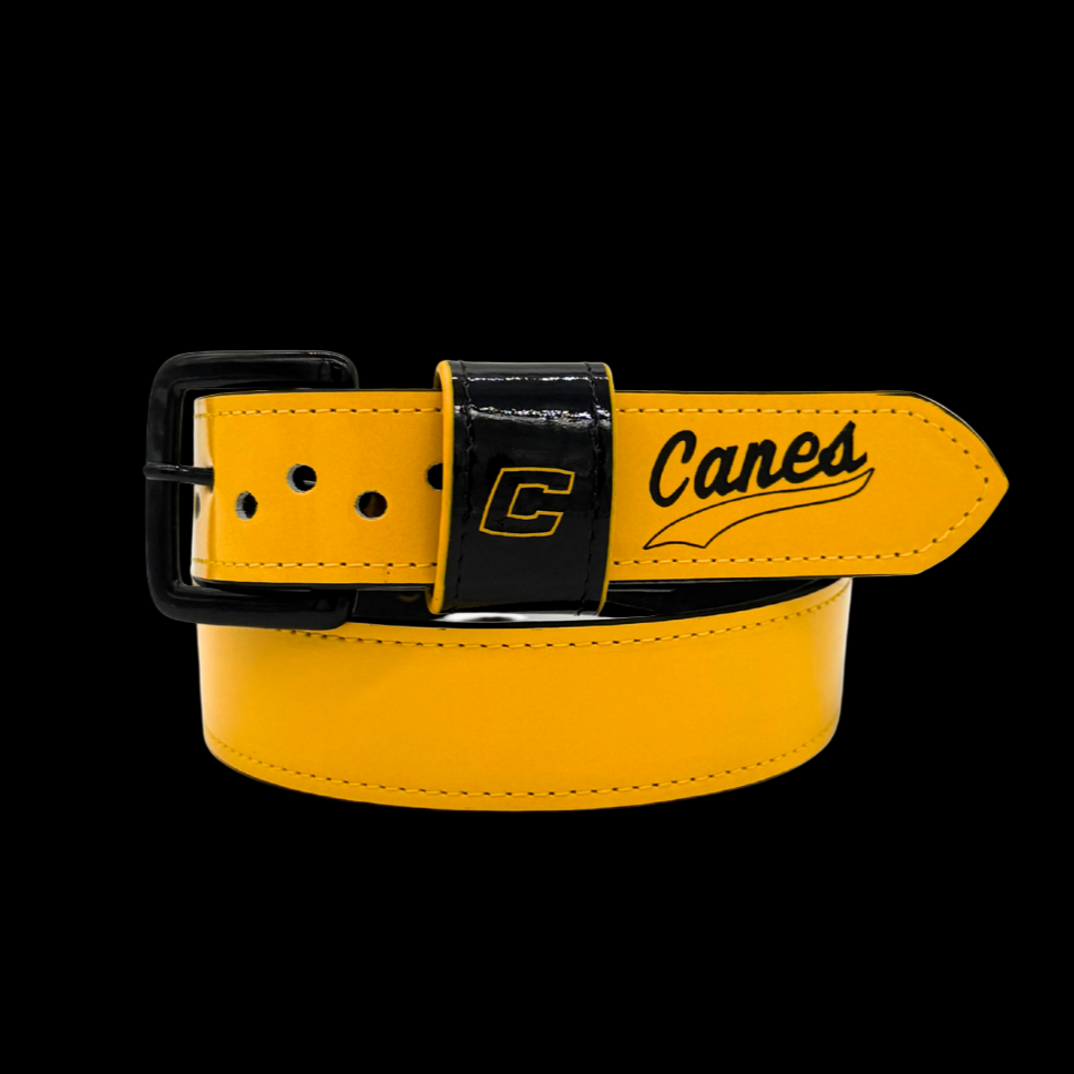 Yellow belt with black buckle and 'Canes' branding on a black background